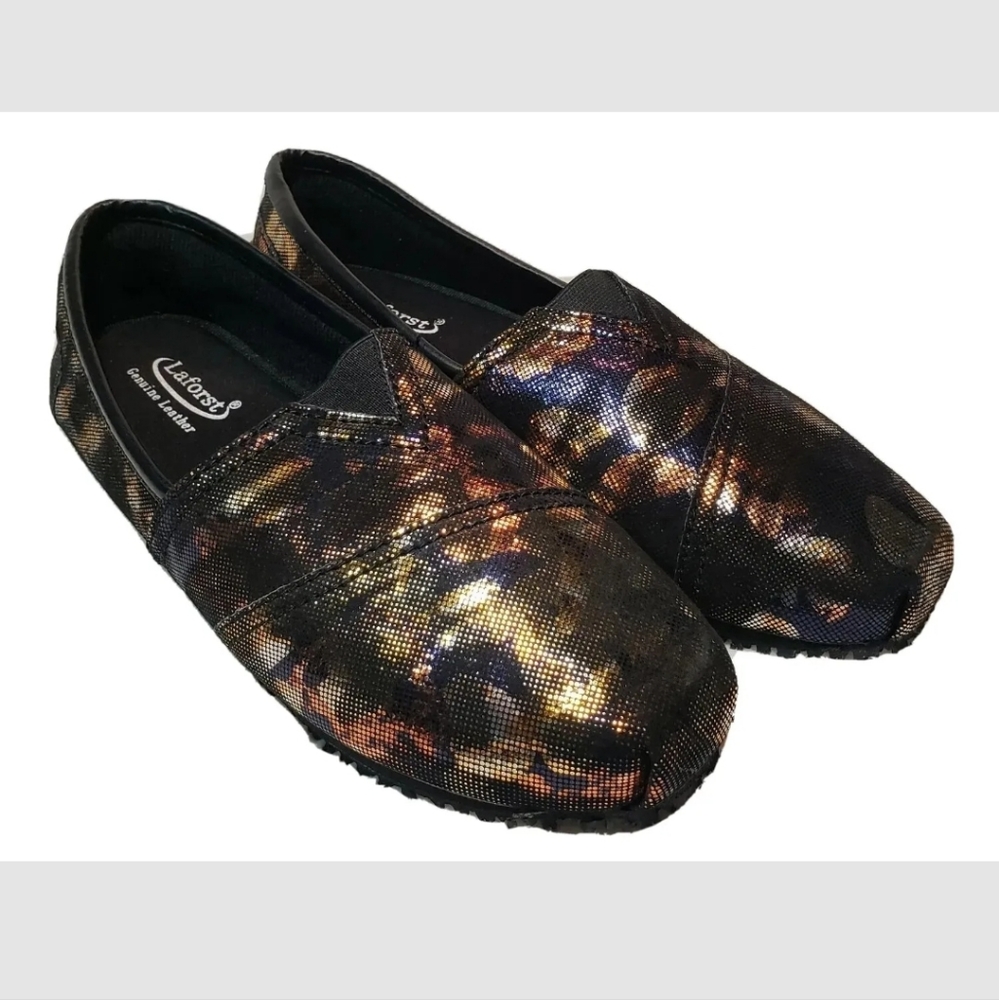 Laforst Genuine Leather FROGGEE Women's 8.5 Slip On Shoes Black Gold